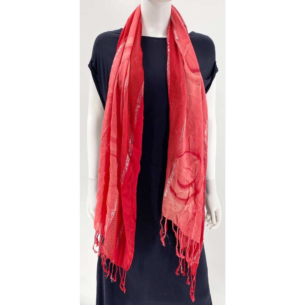 Shimmery Sheer Red Fringe Swirl Scarf